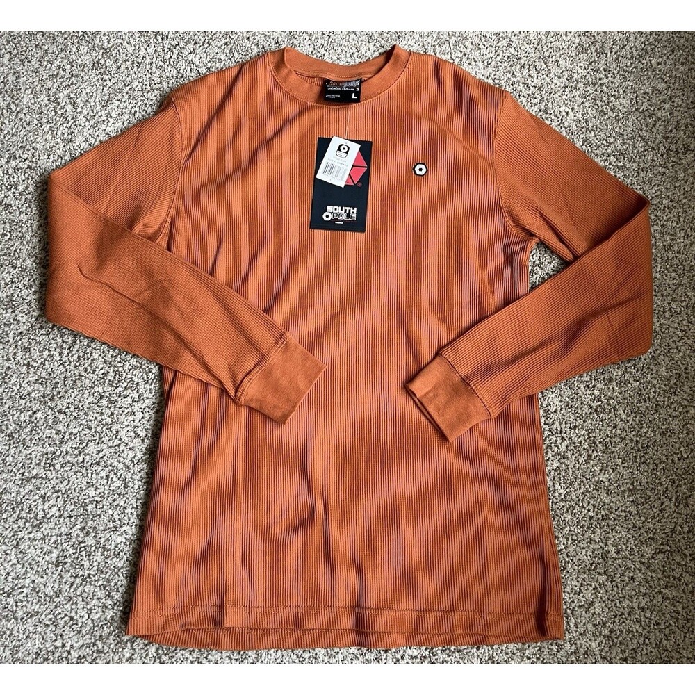 NWT South Pole Shirt Mens Large Long Sleeve Orange Thermal Waffle Knit Y2K
